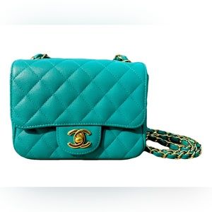 CHANEL Turquoise Caviar Quilted Mini Square Flap Crossbody Bag